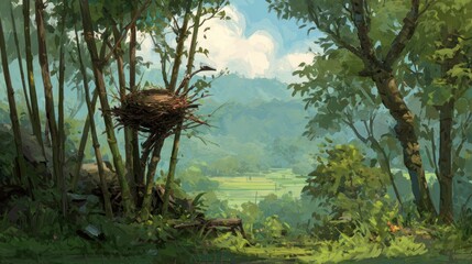 Lush forest vista, nest in bamboo