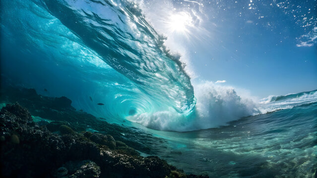 Stunning underwater view of a powerful ocean wave breaking with sunlight piercing through the clear blue water.