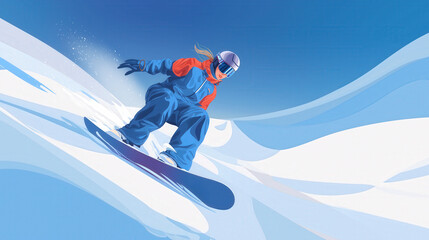 Female snowboarder in the ski resort, female skier, snowboarding in the mountain, freeriding style, flat illustration, vector art poster, ski poster, winter outdoor sport concept