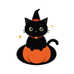 Cute black cat wearing a magician hat sitting gracefully vector art illustration