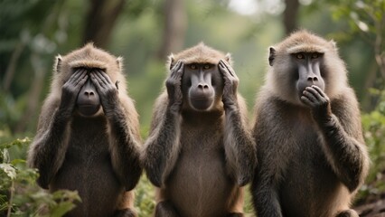 Three baboons in see no evil hear no evil speak no evil pose with serious facial expressions in natural outdoor setting