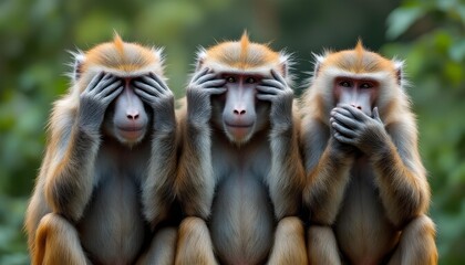 Three baboons in see no evil hear no evil speak no evil pose with serious facial expressions in natural outdoor setting