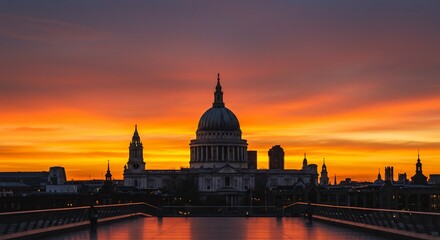 Fototapeta premium St Pauls Cathedral Dome Silhouette at Dramatic Sunset London City Skyline View from Millennium Bridge with Fiery Orange Twilight Sky for Travel and Tourism
