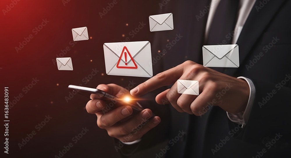Poster man using smartphone with email notification alert and warning symbol, cybersecurity threat concept