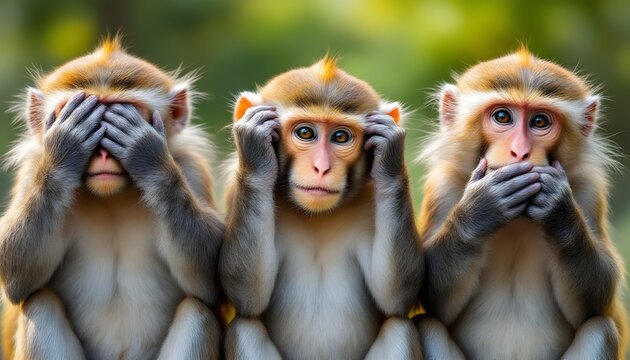 Three baboons in see no evil hear no evil speak no evil pose with serious facial expressions in natural outdoor setting