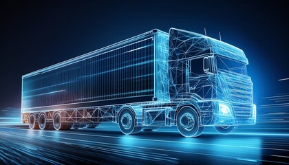 fast moving wireframe truck transporter on dark blue background