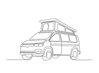 Campervan vehicle in single outline illustration. Continuous line art drawing of motor caravan transportation.