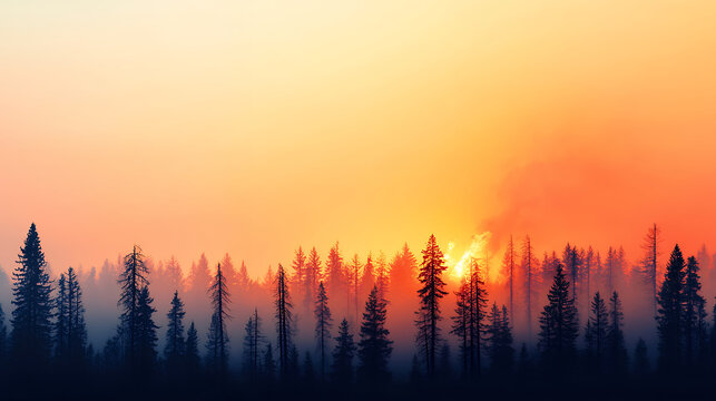 Serene sunset over forest, with silhouettes of tall pine trees against vibrant orange and blue sky, creating tranquil atmosphere