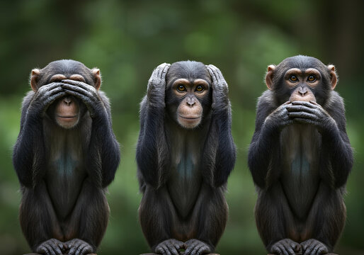 Three chimpanzees in see no evil hear no evil speak no evil pose with attentive facial expressions in lush forest background