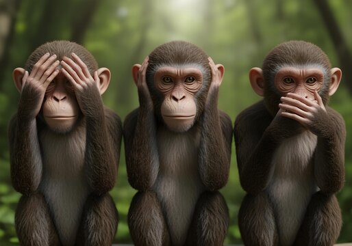 Three realistic 3d monkeys in see no evil hear no evil speak no evil pose with playful facial expressions in lush jungle setting