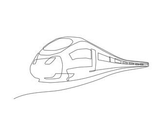 Train in single outline illustration. Continuous line art drawing of rail transportation.
