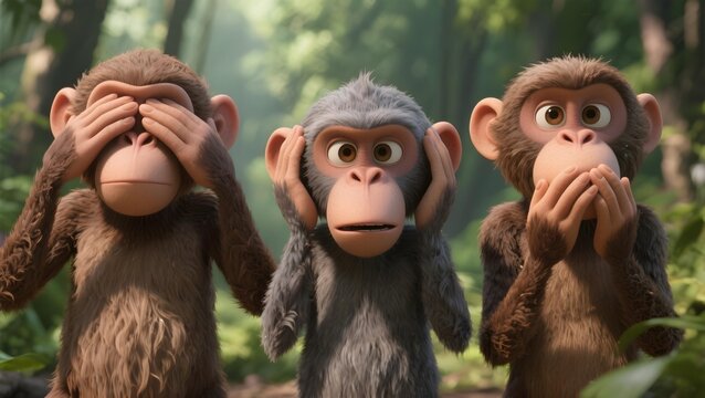 Three cartoon monkeys in see no evil hear no evil speak no evil pose with playful facial expressions in lush jungle setting