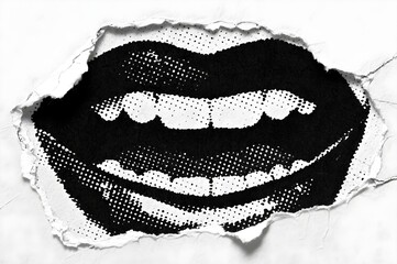 Torn paper revealing halftone black and white image of open evil ironic smile mouth with teeth symbolizing voice speech protest and freedom of expression