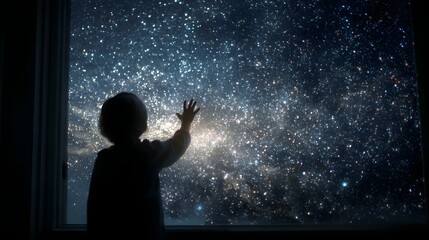 A child reaching toward the stars from a dark room