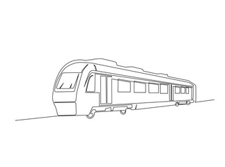 Train in single outline illustration. Continuous line art drawing of rail transportation.
