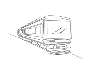Train in single outline illustration. Continuous line art drawing of rail transportation.