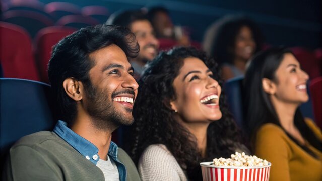 Smiling Indian friends sharing popcorn in cinema — bonding over a fun film night
