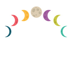 Colorful moon phases vector illustration in flat design, including full moon and crescent shapes, isolated on white background.