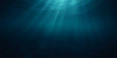 An animation of deep blue sea water with bright sun rays shining down on a dark underwater world background