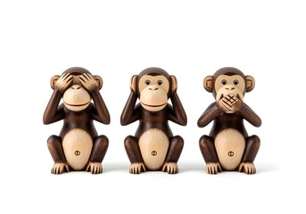 Dark wooden three wise monkeys with calm faces in see no evil hear no evil speak no evil pose referencing Nikko monkeys isolated on white