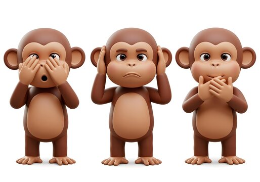 3D cartoon three wise monkeys with expressive faces in see no evil hear no evil speak no evil pose referencing Nikko monkeys isolated on white background