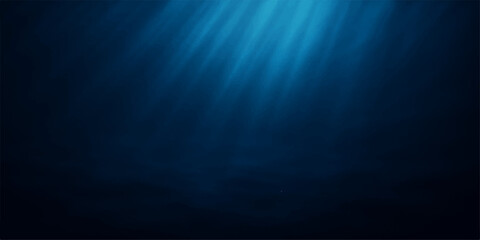 An abstract dark blue background with glowing rays of light resembling an underwater sea motion