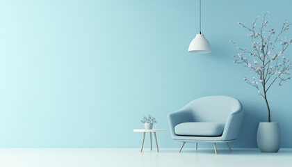 Intriguing Interiors: Plain Monochrome Pastel Blue Room With Furniture And Accessories, Brightly Lit With Copy Space For Web, Presentation, Or Picture Frame.