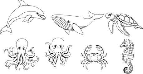 Fototapeta premium Outline illustrations of marine animals including dolphin whale turtle octopus crab seahorse