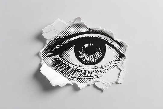 Torn paper revealing halftone eye illustration symbolizing vision observation awareness perception and insight in bold pop art style - Powered by Adobe