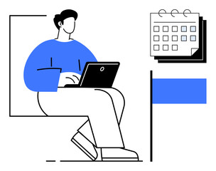 Person seated using a laptop next to a calendar, signifying scheduling, time management, productivity. Ideal for work, planning, remote work, deadlines organization focus goal setting. Simple flat