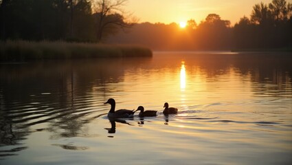Silhouette of ducks on a calm lake at sunrise.