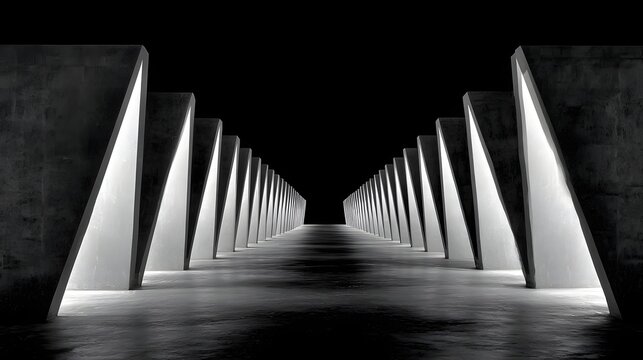 A series of triangular concrete structures illuminating a pathway.
