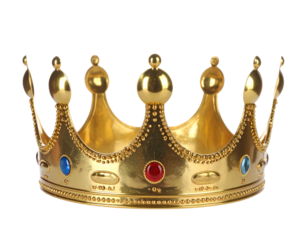 Elegant Golden Crown Front View with Detailed Jewels, Isolated on White Background