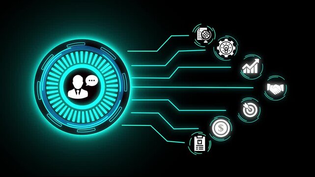 "Digital Business Profile Interface &ndash; Futuristic Neon HUD with Data Network and Corporate Icons on Black Background"