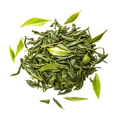 Fototapeta premium Fresh Loose Green Tea Leaves Piled on Isolated White Background