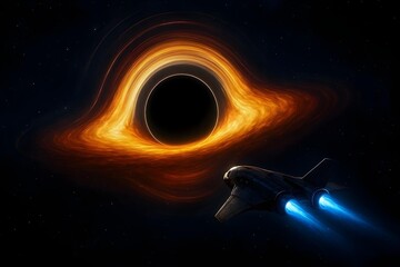 Spaceship flying toward supermassive black hole with glowing accretion disk deep space exploration concept