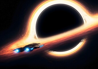 Spaceship flying toward supermassive black hole with glowing accretion disk deep space exploration concept