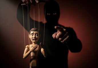Wooden mannequin puppet with worried expression controlled by shadow figure symbolizing fear manipulation control and psychological pressure concept