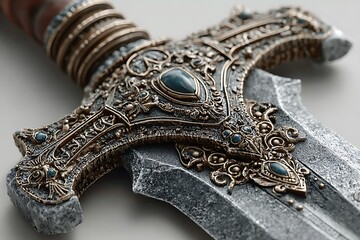 Obraz premium Ornate medieval sword with stone hilt and blue gems image