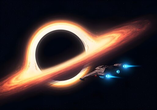 Spaceship flying toward supermassive black hole with glowing accretion disk deep space exploration concept - Powered by Adobe