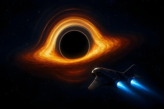 Spaceship flying toward supermassive black hole with glowing accretion disk deep space exploration concept