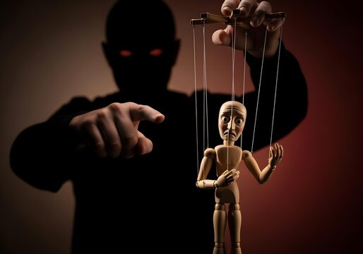 Wooden mannequin puppet with worried expression controlled by shadow figure symbolizing fear manipulation control and psychological pressure concept - Powered by Adobe
