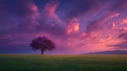 Fototapeta premium Solitary tree with pink leaves on a green field under a dramatic sky