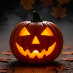 A carved glowing pumpkin jack o lantern with a spooky face on a wooden table with fallen leaves and smoke