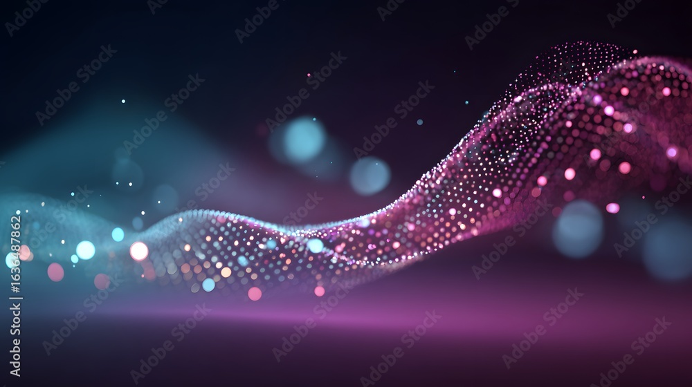 Poster abstract digital wave design with glowing particles.