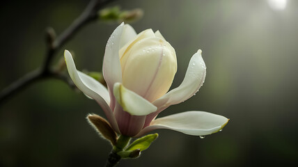 Beautiful close up of a white magnolia flower on a branch in the sunlight