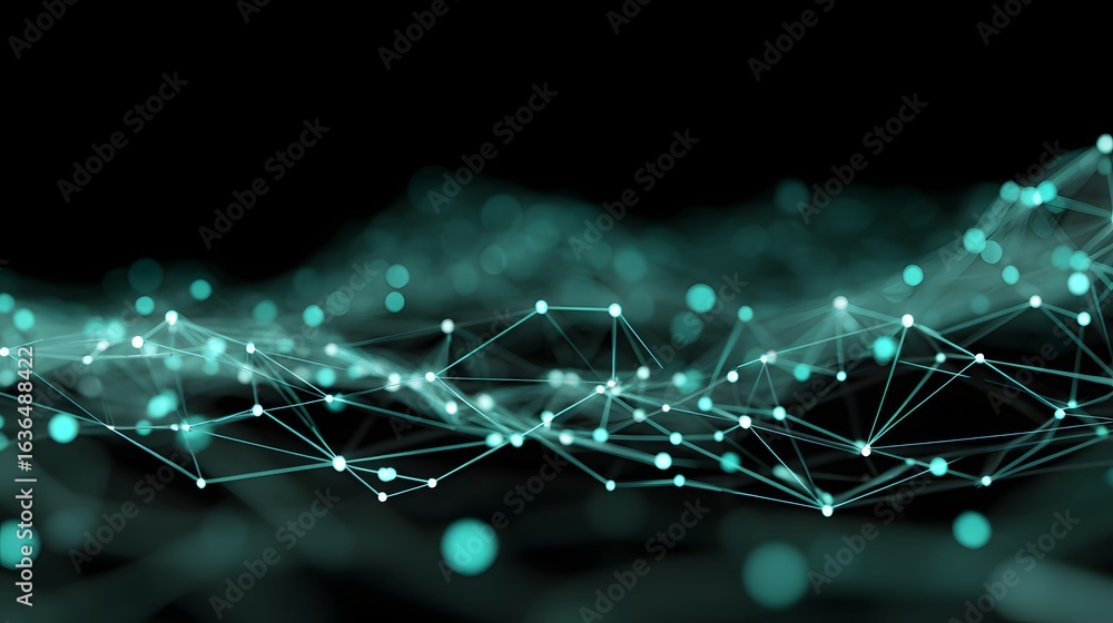 Poster abstract digital network design with teal points and lines.