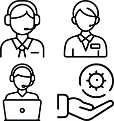 A collection of line art icons depicting customer service representatives, a person with a laptop, and a hand offering support with a gear.