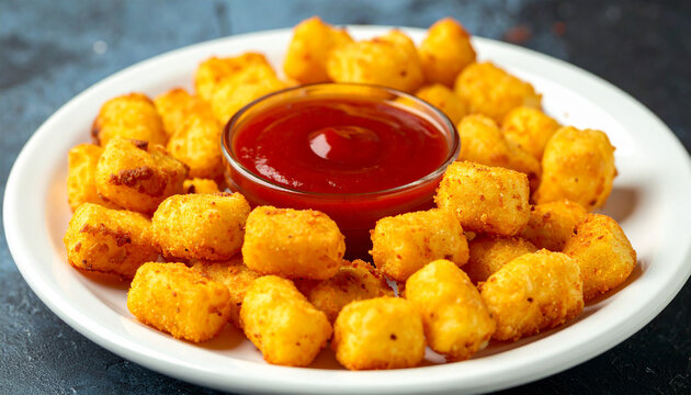 Fried tater tots, potatoes with ketchup sauce. Tasty homemade food. Delicious snack.
