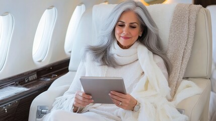 A confident woman with silver hair relaxes in a plush seat, engaging with her tablet in a private jet, showcasing comfort and elegance